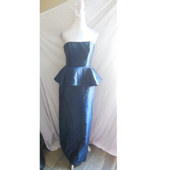 NEW ALFRED SUNG Midnight BLUE Strapless RUFFLE Peplum SATIN Column GOWN 12 - Picture 4 of 16